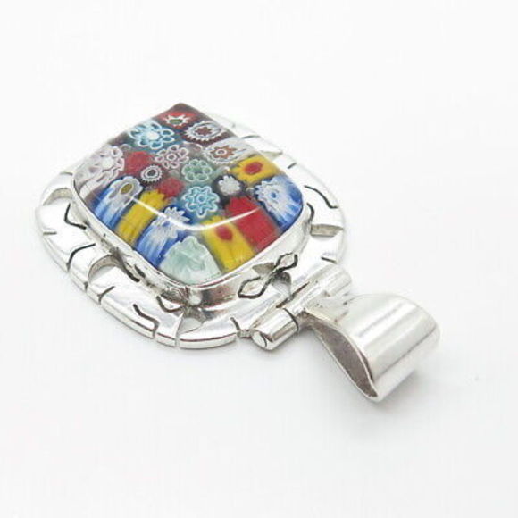 950 Silver Vintage Multi-Color Glass Floral Pendant - Picture 6 of 8